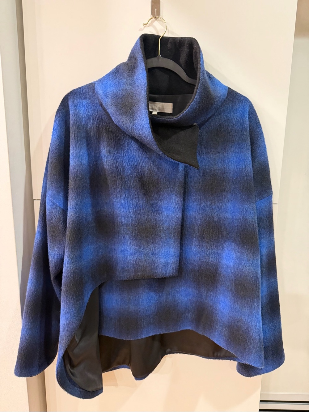Thakoon Addition Blue Black Plaid Asymmetric Draped Wool Coat Size 6